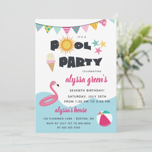 ピンクフラミンゴプールパーティーキッド誕生日 招待状 (スタンド正面)