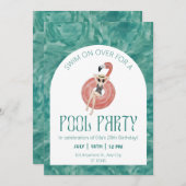 ピンクフラミンゴプールパーティー水彩 招待状 (正面/裏面)