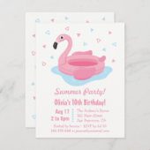 ピンクフラミンゴプールフロートサマーバースデーパーティー 招待状 (正面/裏面)