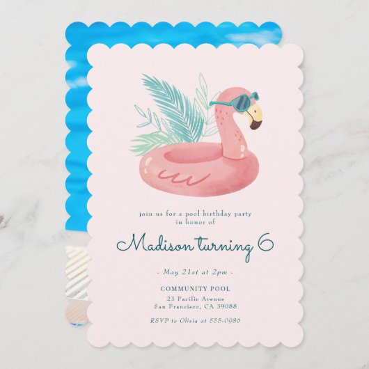 ピンクフラミンゴプール誕生日パーティー 招待状 (正面/裏面)