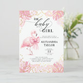 ピンクフラミンゴボウ熱帯ピンクの女の子ベビーシャワー 招待状 (スタンド正面)