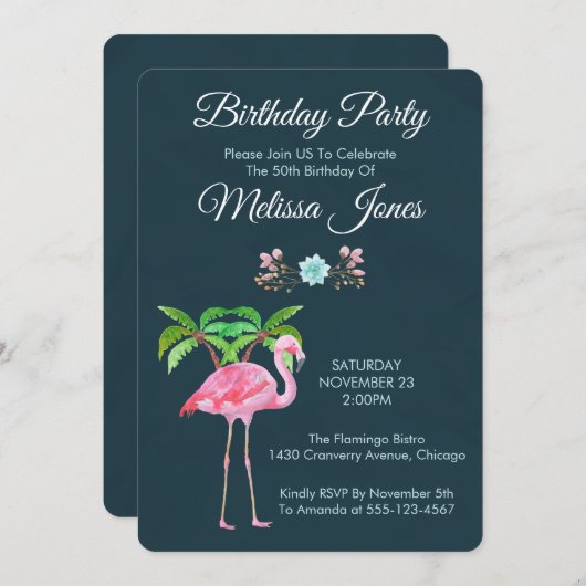 ピンクフラミンゴヤシの木と多肉類の誕生日 招待状 (正面/裏面)