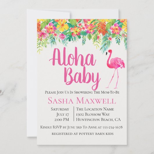 ピンクフラミンゴルアウ（ハワイ式宴会）ベビーシャワー招待状 招待状 (正面)