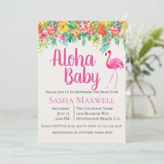 ピンクフラミンゴルアウ（ハワイ式宴会）ベビーシャワー招待状 招待状 (スタンド正面)
