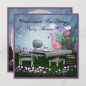 ピンクフラミンゴワンダーランドティーパーティーベビーシャワー 招待状 (正面/裏面)