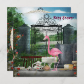 ピンクフラミンゴワンダーランドティーパーティーベビーシャワー 招待状 (正面/裏面)