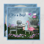 ピンクフラミンゴワンダーランドティーパーティーボーイベビーシャワー 招待状 (正面/裏面)