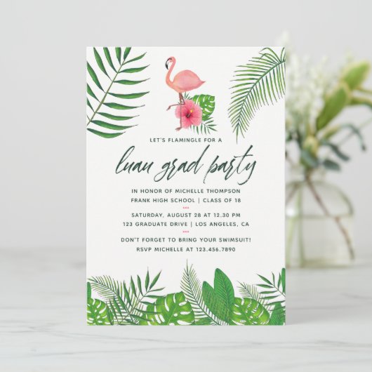 ピンクフラミンゴ写真水彩ルアウ(ハワイ式宴会)卒業 案内状 (スタンド正面)