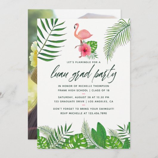 ピンクフラミンゴ写真水彩ルアウ(ハワイ式宴会)卒業 案内状 (正面/裏面)