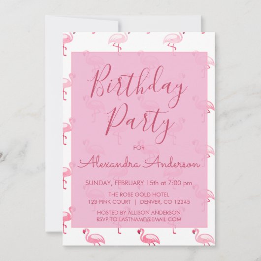ピンクフラミンゴ夏の任意の年齢誕生日パーティー 招待状 (正面)