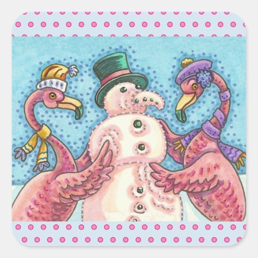 ピンクフラミンゴ建物雪だるまクリスマスステッカー スクエアシール (正面)