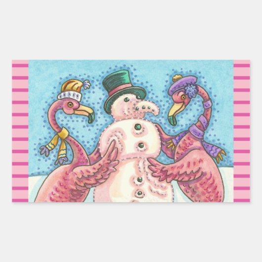 ピンクフラミンゴ建物雪だるまクリスマスステッカー 長方形シール (正面)