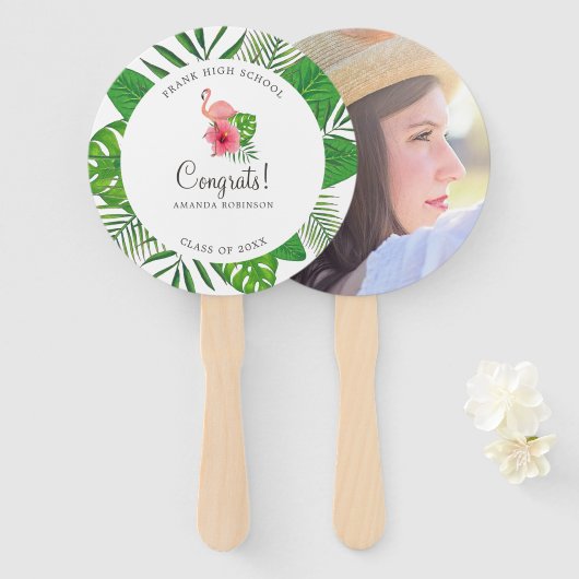 ピンクフラミンゴ水彩ルアウ（ハワイ式宴会）卒業写真 ハンドファン (正面&裏面)