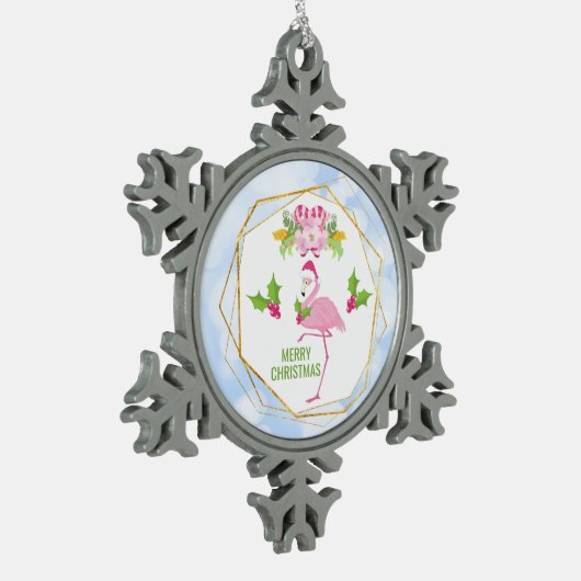 ピンクフラミンゴ熱帯クリスマス スノーフレークピューターオーナメント (左)