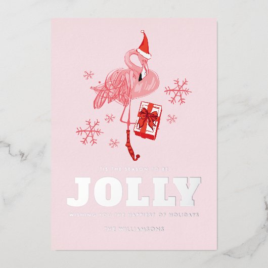 ピンクフラミンゴ熱帯サンタクリスマス 箔シーズンカード (正面)