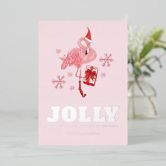 ピンクフラミンゴ熱帯サンタクリスマス 箔シーズンカード (立ち正面)