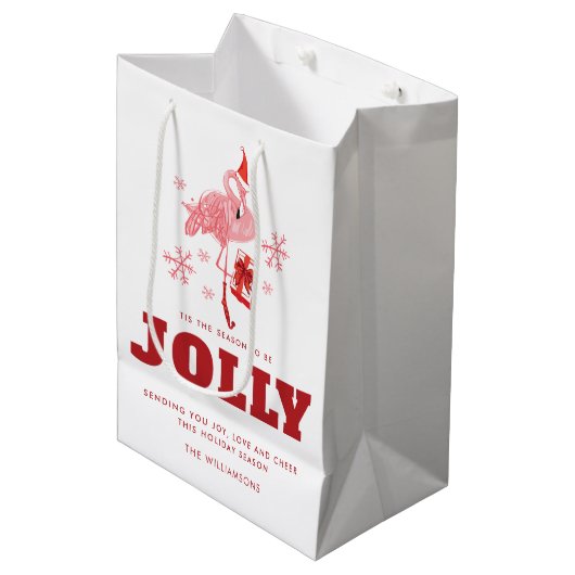 ピンクフラミンゴ熱帯ビーチホワイトクリスマス ミディアムペーパーバッグ (正面アングル)