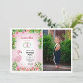 ピンクフラミンゴ熱帯少女の誕生日写真 招待状 (スタンド正面)