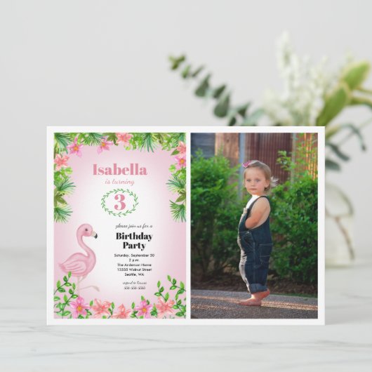 ピンクフラミンゴ熱帯少女の誕生日写真 招待状 (スタンド正面)