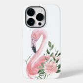 ピンクフラミンゴ熱帯水色フローラ（名前） Case-Mate iPhoneケース (裏面)