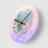 ピンクフラミンゴ熱帯葉ヤシ ラウンド壁時計 (傾斜)