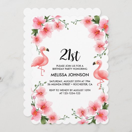 ピンクフラミンゴ熱帯蘭21歳の誕生日 招待状 (正面/裏面)