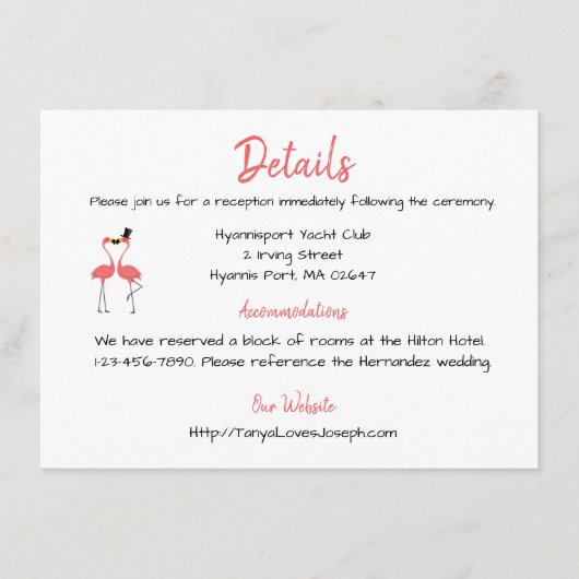ピンクフラミンゴ結婚詳細熱帯夏ルアウ(ハワイ式宴会) エンクロージャーカード (正面)