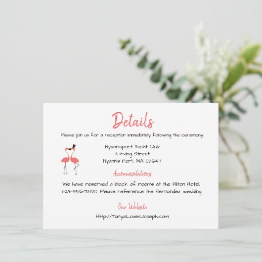 ピンクフラミンゴ結婚詳細熱帯夏ルアウ（ハワイ式宴会） エンクロージャーカード (スタンド正面)