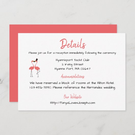 ピンクフラミンゴ結婚詳細熱帯夏ルアウ(ハワイ式宴会) エンクロージャーカード (正面/裏面)