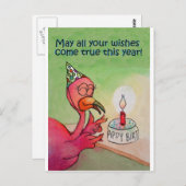 ピンクフラミンゴ誕生日ウィッシュウォーターカラーカード ポストカード (正面/裏面)