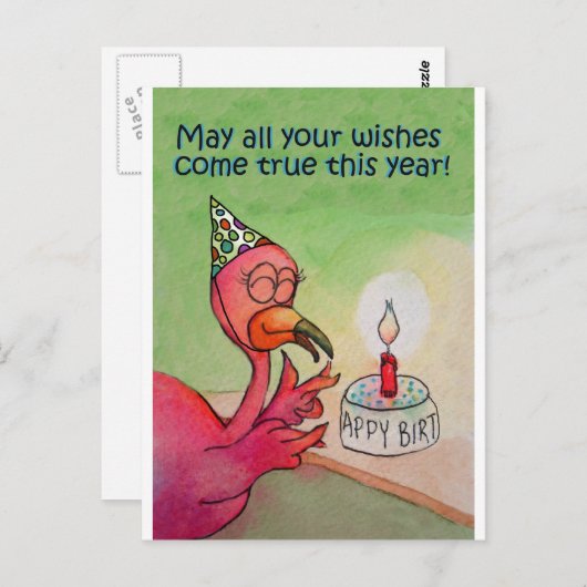 ピンクフラミンゴ誕生日ウィッシュウォーターカラーカード ポストカード (正面/裏面)