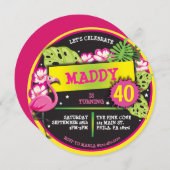 ピンクフラミンゴ誕生日パーティーへの招待 招待状 (正面/裏面)