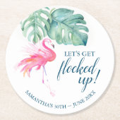 ピンクフラミンゴ誕生日パーティーフロックテール ラウンドペーパーコースター (正面)