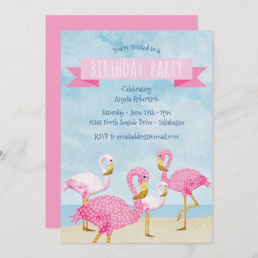 ピンクフラミンゴ誕生日パーティー 招待状 (正面/裏面)