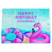 ピンクフラミンゴ誕生日プールパーティー名 ラージペーパーバッグ (正面)