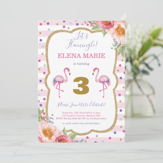 ピンクフラミンゴ誕生日熱帯パーティー紙吹雪 招待状 (スタンド正面)