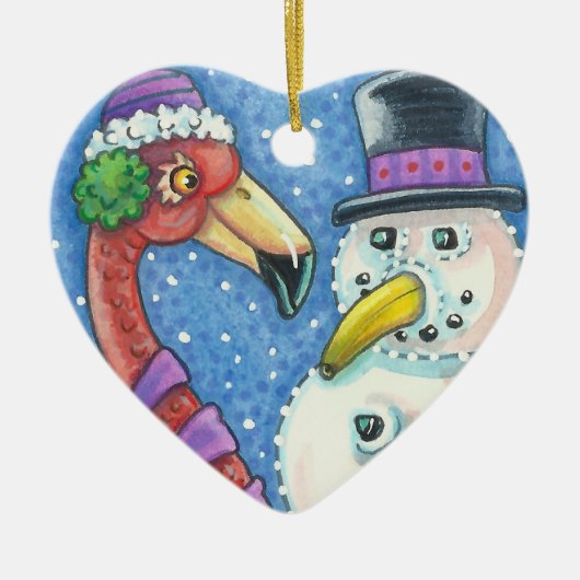 ピンクフラミンゴ雪だるまクリスマスオーナメントハート セラミックオーナメント (正面)