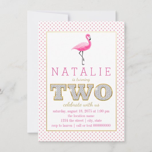 ピンクフラミンゴ2回目の誕生日パーティの招待状 招待状 (正面)