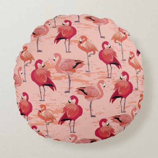 ピンクフラミンゴ：シームレストロピカルパターン ラウンドクッション (正面)