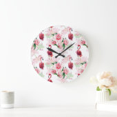 ピンクフラミンゴ：シームレスパターンエレガンス ラージ壁時計 (ホーム)
