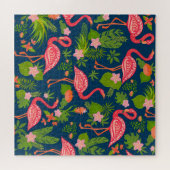 ピンクフラミンゴ:ターコイズストライプのヴィンテージ ジグソーパズル (横)