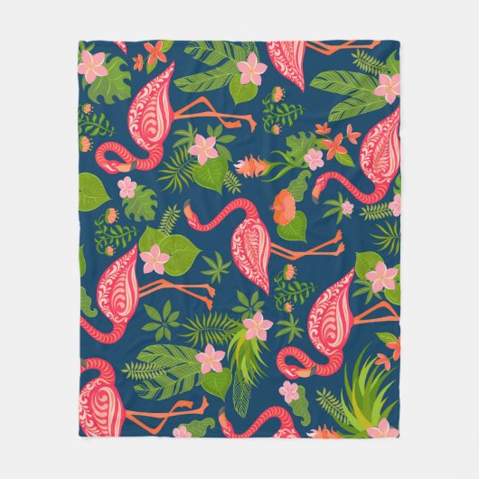 ピンクフラミンゴ:ターコイズストライプのヴィンテージ フリースブランケット (正面)