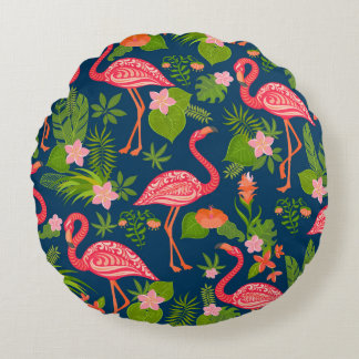 ピンクフラミンゴ：ターコイズストライプのヴィンテージ ラウンドクッション