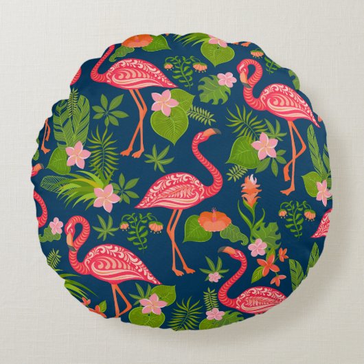 ピンクフラミンゴ:ターコイズストライプのヴィンテージ ラウンドクッション (正面)
