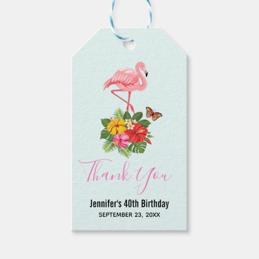 ピンクフラミンゴ&トロピカルハイビスカスファンシーありがとう ギフトタグ (正面)