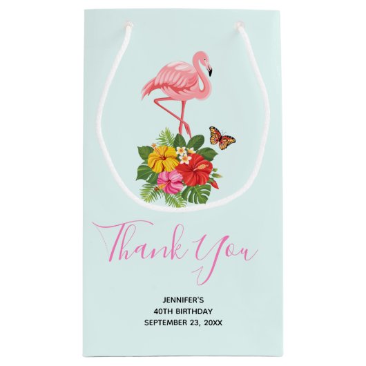 ピンクフラミンゴ&トロピカルハイビスカスファンシーありがとう スモールペーパーバッグ (裏面)