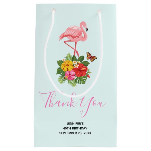 ピンクフラミンゴ&トロピカルハイビスカスファンシーありがとう スモールペーパーバッグ (正面)