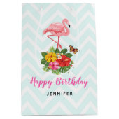 ピンクフラミンゴ&トロピカルハイビスカスファンシー誕生日 ミディアムペーパーバッグ (正面)