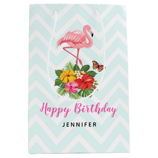 ピンクフラミンゴ&トロピカルハイビスカスファンシー誕生日 ミディアムペーパーバッグ (正面)