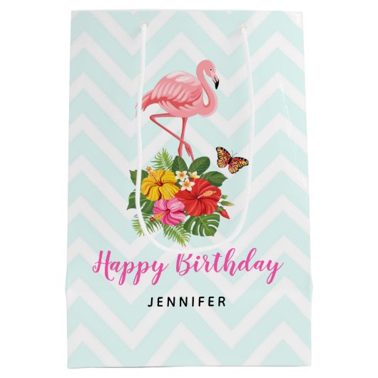 ピンクフラミンゴ&トロピカルハイビスカスファンシー誕生日 ミディアムペーパーバッグ (裏面)